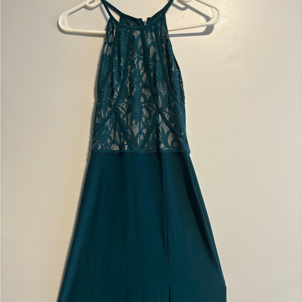 teal green sparkly dress tight fit open leg dress